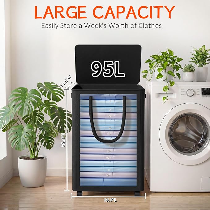 Slim Laundry Hamper with Wheels,25 Gal (95L) Rolling Laundry Basket with lid and wheels Clothes Hamper Foldable Tall Dirty Clothes Basket Sturdy Collapsible Clothes Hamper for Dorm,Laundry Room