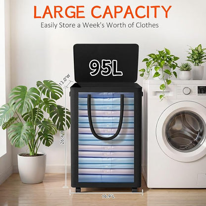 Slim Laundry Hamper with Wheels,25 Gal (95L) Rolling Laundry Basket with lid and wheels Clothes Hamper Foldable Tall Dirty Clothes Basket Sturdy Collapsible Clothes Hamper for Dorm,Laundry Room