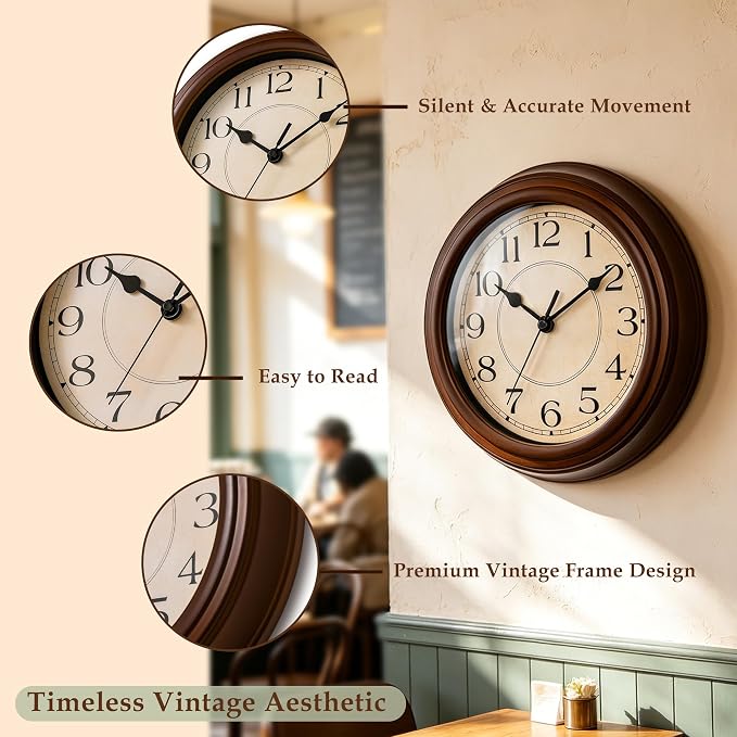 KECYET Wall Clock, 9 Inch Silent Battery Operated Non-Ticking Wall Clock Classic Decorative for Living Room, Kitchen,Office, Bedrooms(Brown)