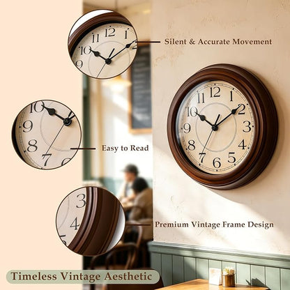 KECYET Wall Clock, 9 Inch Silent Battery Operated Non-Ticking Wall Clock Classic Decorative for Living Room, Kitchen,Office, Bedrooms(Brown)