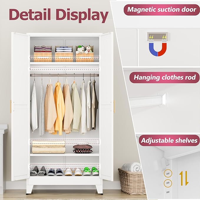 Metal Wardrobe Cabinet with Hanging Rod, 71" Metal Clothing Storage Cabinets with 2 Doors and Adjustable Shelves, White Armoire Wardrobe Closet for Bedroom, Laundry Room, Cloak Room