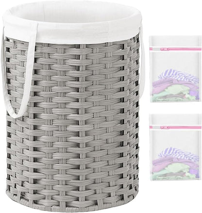 Laundry Hamper Laundry Basket Round 19.0 Gal (72 L) Handwoven Rattan Hamper, Large Wicker Laundry Hamper with Removable Laundry Bag Handles 2 Mesh Bags for Bathroom Living Room Gray (No Lid)