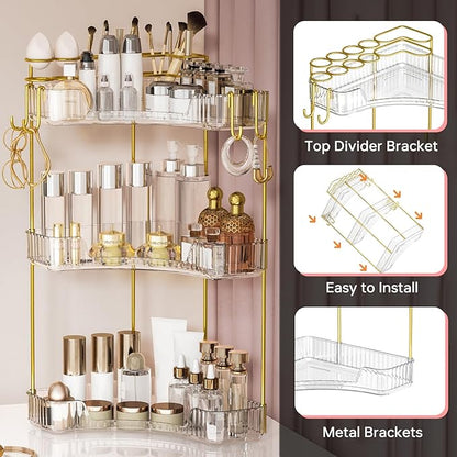 3-Tier Corner Bathroom Counter Organizer，Makeup & Skincare Shelf with Built-in Brush Holder，Space-Saving Bathroom Countertop Organizer for Skincare, Perfume, Cosmetics(Green)