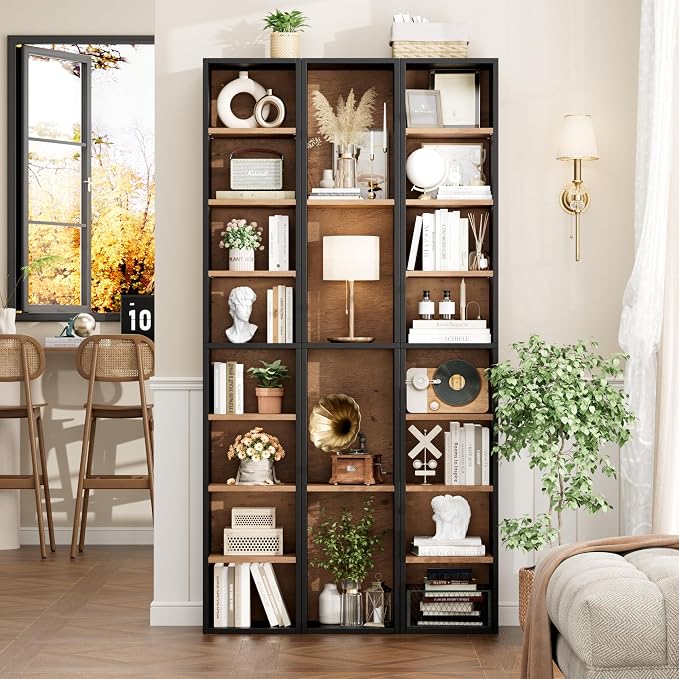 FOTOSOK 2 Pcs 71'' Tall Narrow Bookshelf, 8-Tier Media Tower Rack Set of 2, CD DVD Storage Cabinet with Adjustable Shelves, Tall Narrow Bookcase Skinny Display Bookshelf Slim Shelf, Black/Brown