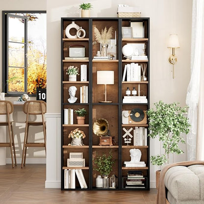 FOTOSOK 2 Pcs 71'' Tall Narrow Bookshelf, 8-Tier Media Tower Rack Set of 2, CD DVD Storage Cabinet with Adjustable Shelves, Tall Narrow Bookcase Skinny Display Bookshelf Slim Shelf, Black/Brown