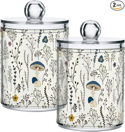 xigua Mushroom Qtip Holder with Lid,2Pack Clear Plastic Apothecary Jars Bathroom Storage Containers for Cotton Swab,Cotton Ball,Floss Picks,Tea,Coffee