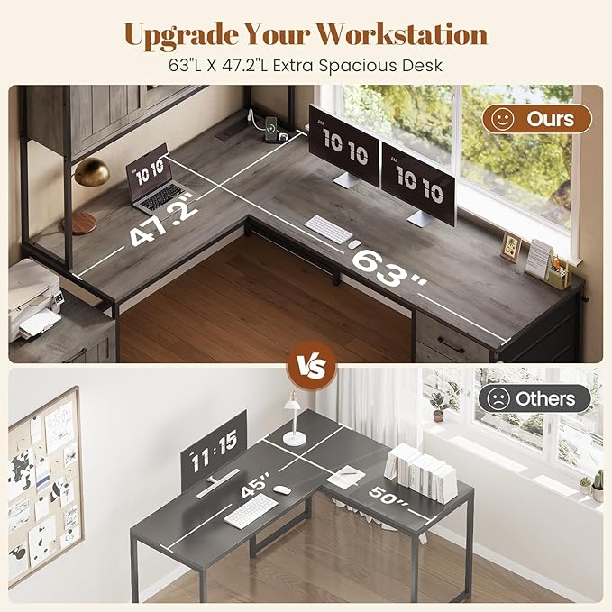 SEDETA Farmhouse L Shaped Office Desk with 6 Drawer, Reversible Computer Desk with Power Outlet, Hutch for Home Office/Two Person, Corner Desk with File Drawer & Printer Storage Shelves, Grey