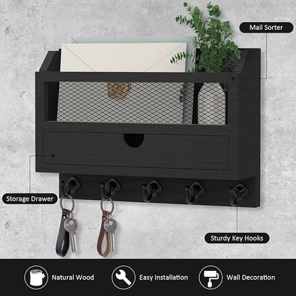 Nekon Key and Mail Holder for Wall, Key Organizer with 5 Hooks & Storage Drawer, 11" W x 7.9" H x 3.1" D Wooden Key Rack for Entryway and Home Decor (Black)