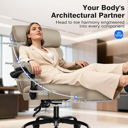 Office Chair - Ergonomic Comfortable High Back Computer Desk Chair with Foot Rest - Executive Breathable Swivel Rolling Reclining Leather Chair with Lumbar Support for Home Gaming Relaxing