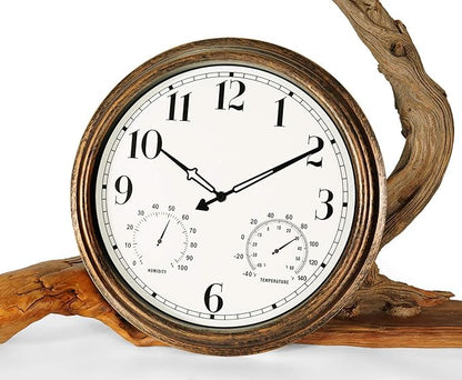16 Inch Large Outdoor Wall Clock,Waterproof Vintage Non-Ticking Clock with Thermometer and Hygrometer Combo,Battery Operated Clock Wall Decorative- Bronze
