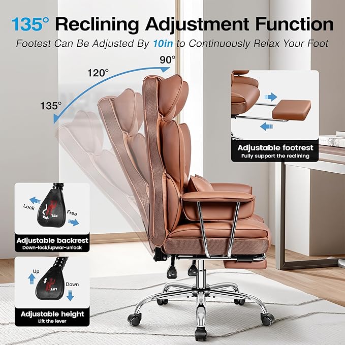 Office Chair Comfy, Big and Tall Executive Leather Chair, High Back Ergonomic Wide Chair with Footrest, Reclining Computer Desk Chair, Heavy Duty Gaming Chair with Padded Arm and Pillow, Brown