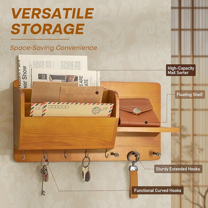 Rebee Vision Pine Wood Farmhouse Key Holder Wall Mount - Key Holder for Wall with Mail Slot Can Store Letters and 8 Hooks for hat Organizer - Ideal for Entryway Home Storage and Home Decor （Yellow）