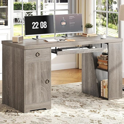 HSH 55" Office Computer Desk with Drawers, Farmhouse Grey Executive Desk with Storage Shelves and Cabinet, Modern Wooden Computer Table Teacher Desks with Keyboard Tray for Home Writing Work Study