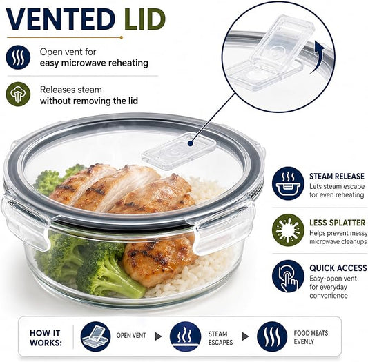 Sorbus Glass Meal Prep Containers Set, 8 Pack Round Borosilicate Glass Containers 32.7oz / 970ml, Airtight Vented Lids, Leakproof, BPA Free, Oven Microwave Freezer Dishwasher Safe, Stackable, 7x3 in
