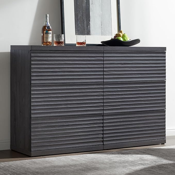 SICOTAS Fluted Sideboard Buffet Cabinet with Storage, Modern Credenza Storage Cabinet with 3 Larger Drawers, 2-Piece Media Console Mid Century Coffee Bar Table for Entryway Kitchen, Dark Grey Alder