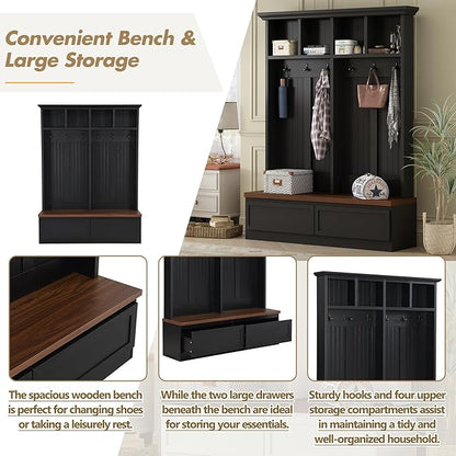 Merax Farmhouse Wood Hall Tree with Bench and Storage Drawers, 4-in-1 Coat Rack with 6 Hooks for Entrance, Hallway Black