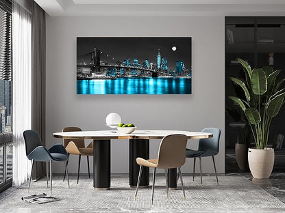 Wall Art Canvas Painting Black White and Blue New York Brooklyn Bridge 1 Piece Cityscape Night Building Picture Poster Print Framed for Living Room Bedroom Kitchen Office Home Decor