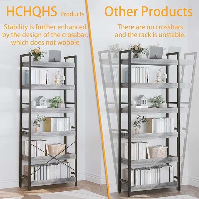 HCHQHS 6 Tier Bookshelf, Adjustable Industrial Bookcase, Vertical Tall Book Shelf, Wood and Black Metal Open Bookshelves for Home Office, Living Room, Bedroom