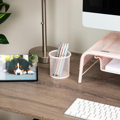 Mind Reader Pen and Accessories Holder, Desktop Organizer, Office, Metal Mesh, 3.5"L x 3.5"W x 3.75"H, Set of 3, Pink