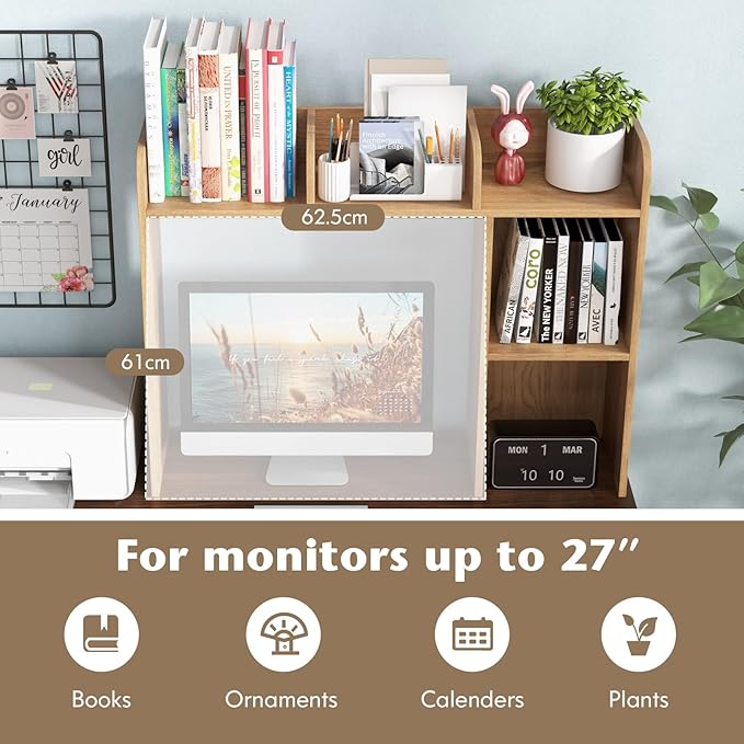 Desk Hutch, Desktop Shelf with 5 Shelves, Desk Bookshelf w/Anti-Toppling Devices, Wood Table Top Bookshelf Organizer, Small Desk Shelf for Study, Office, Dorm (Natural, 5 Shelves)