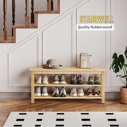 Wood Shoe Bench for Entryway,Bench with Shoe Rack,Storage Shoe Organizer for Hallway,Living Room,Bedroom (Natural, 39.37''W×11.81‘’D×17.71‘’H)