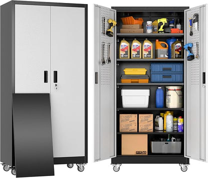 Garage Storage Cabinet with Wheels & Pegboard, Lockable Metal Storage Cabinet with Doors and 5 Adjustable Shelves for Garage, Home, Storage, Assembly Required, Black and Silvery, 71" H×34" W×18" D