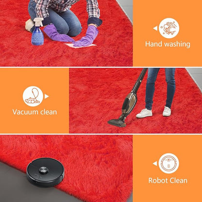 Shag Runner Rug for Bedroom Living Room 2x6 Upgrade Non-Slip Fluffy Soft Bedside Rugs,Red Shaggy Carpet for Livingroom Dorm Home Decor Aesthetic
