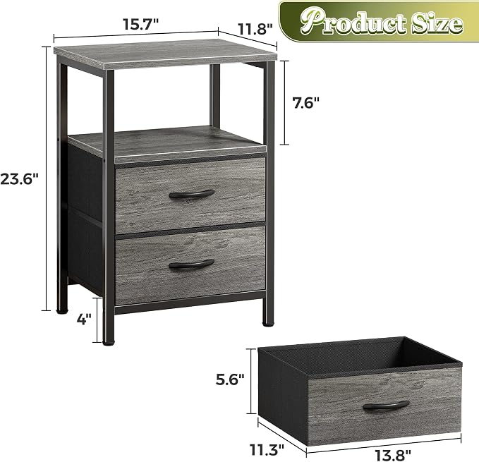 Huuger Night Stand Set of 2, Nightstand with 2 Drawers, Bed Side Table with Open Shelf, Wooden Top, End Table, Fabric Drawer, for Bedroom, Gery
