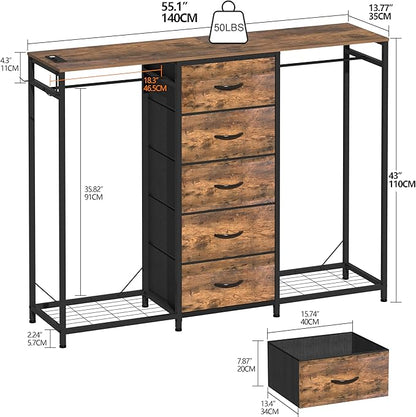 Dresser for Bedroom with Clothes Rack 5 Drawer Dresser with Charging Station LED Lights White Chest of Drawers Flexible Shelf and Open Storage Space for Bedroom Living Room (Brown)