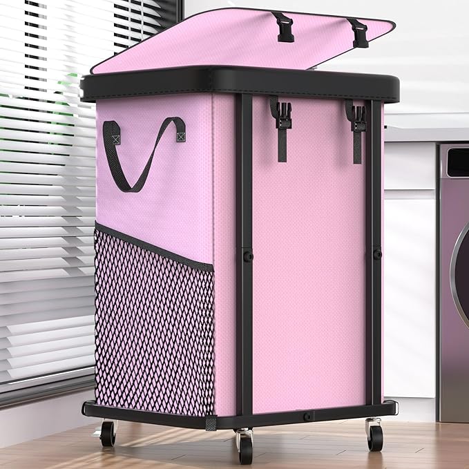 150L (40 Gal) Large Fashion Laundry Basket with Wheels, Leather Patchwork Rolling Hamper Carts, Sturdy Metal Frame, Removable Washable Bag, Tall Clothes Sorter for Bedroom (Pink, 1 Section-150L)