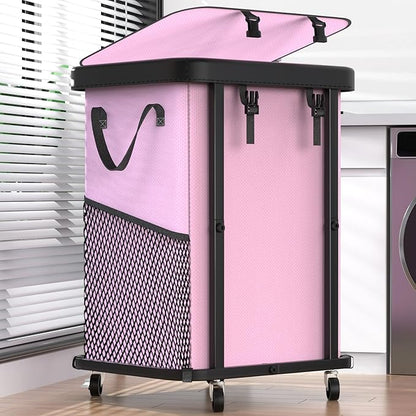150L (40 Gal) Large Fashion Laundry Basket with Wheels, Leather Patchwork Rolling Hamper Carts, Sturdy Metal Frame, Removable Washable Bag, Tall Clothes Sorter for Bedroom (Pink, 1 Section-150L)