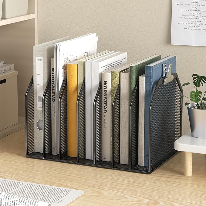 FANXIYQ Black 7-Section File Folder Organizer for Desk, Metal Vertical File Holder Stand, Desktop File Organizer Rack for Letter/A4 Folders, Papers, Books, Office Classroom Home