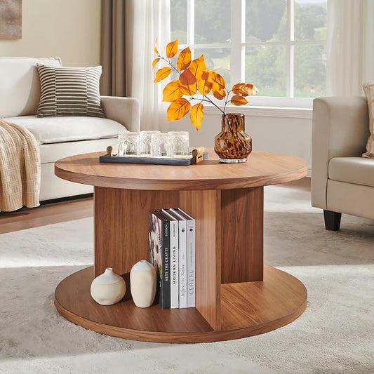 JXQTLINGMU Round Coffee Table for Living Room, 32" Modern Center Table with Cross Support Structure & Open Storage Cubby, Wood Circle Cocktail Table for Small Space, Apartment, Dark Grain