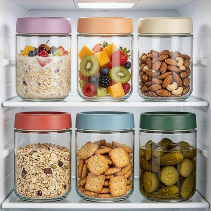 Artcochan Overnight Oats Containers with Lids 16 oz Glass Jars 6 Pack Glass Mason Jars with Airtight Lids, Perfect for Oats, Yogurt, Chia Pudding, Snack