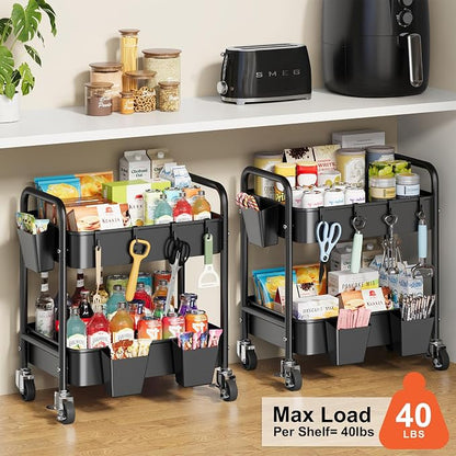 2 Tier Small Rolling Cart Metal with Wheels, Black Under Desk Storage Carts on Wheels, Short Utility Roller Shelf Trolley Organizer for Pantry, Kitchen, Office, Two Tiered Mobile Side Table, 22in Tall