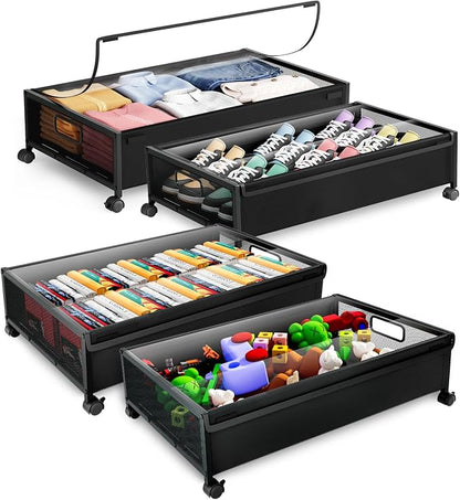 Under Bed Storage with Wheels，4 Pack Under Bed Storage Containers,Underbed Shoe Storage Bedroom Large Capacity Under Bed Storage with Lid for Clothes Shoes Toys Blankets
