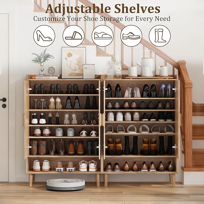 Shoe Cabinet with Doors, 6-Tier Shoe Storage Cabinet with Adjustable Shelves,Freestanding Shoes Rack Shoe Storage Organizer for Entryway, Hallway, Closet (Natural)