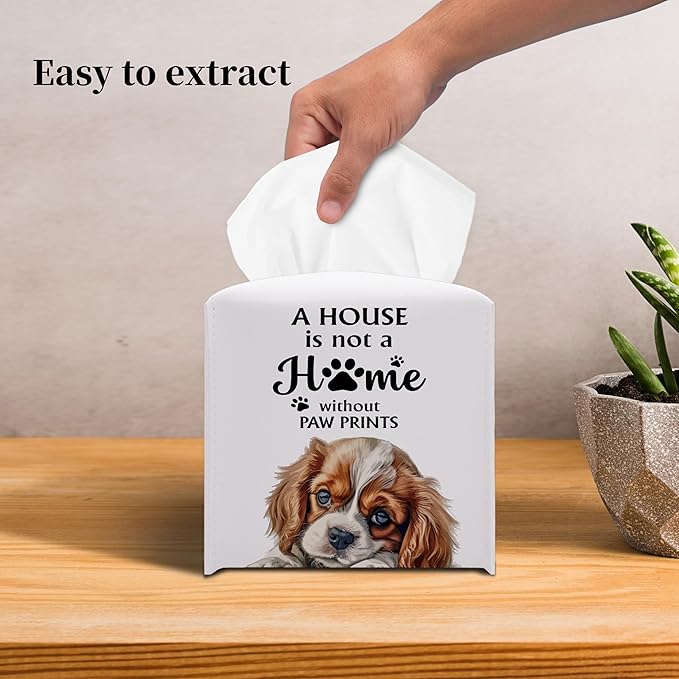 Grace Yonks Cute Cavalier King Tissue Box Cover Square, Cavalier King Dog Cube Case for Facial Tissues, 5.2" PU Leather(039)