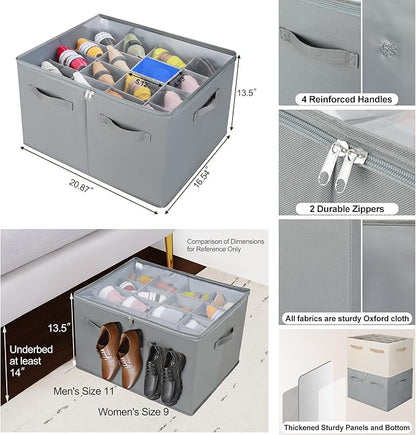TOPIA HOME Shoe Organizer for Closet 2 Pack, Foldable Shoe Box with Adjustable Dividers and Clear Cover, Space Saving Shoe Storage Organizer Cabinet with Reinforced Handles, Fits 32 Pairs, Gray, TP12G