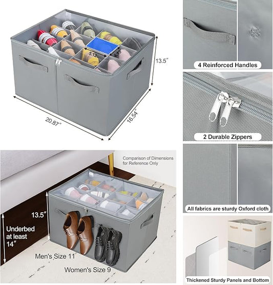 TOPIA HOME Shoe Organizer for Closet 2 Pack, Foldable Shoe Box with Adjustable Dividers and Clear Cover, Space Saving Shoe Storage Organizer Cabinet with Reinforced Handles, Fits 32 Pairs, Gray, TP12G