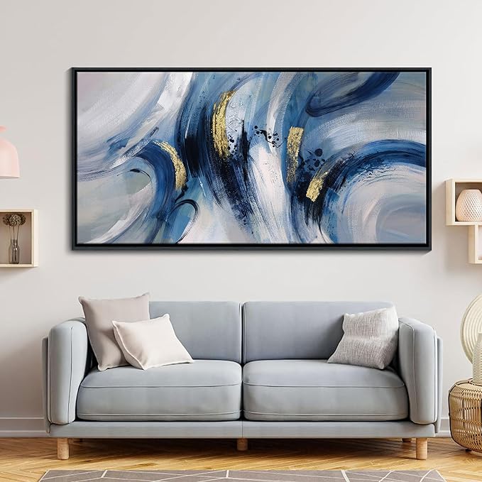 Abstract Line Art Framed Canvas - Modern Blue and Grey, Large 24x48 Inches, Minimalist Bedroom & Living Room Art, Ready to Hang