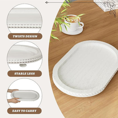 Urban Deco Oval Wooden Decorative Tray Set of 2, Farmhouse Vintage Decorative Tray Stand for Coffee Table, White Serving Tray for Living Room Kitchen Home Decor - 2 Pack