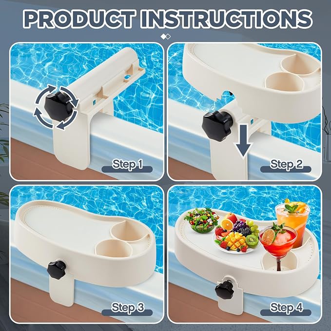Geelin 2 Pcs Hot Tub Table Tray, Adjustable Aboveground Bathtub Tray with 2 Cup Holder, Between 2'' to 7.5'' Nonslip Hot Tub Accessories Shelf Drinks Snacks Phone Holder for Spa Bathtub (Ivory White)