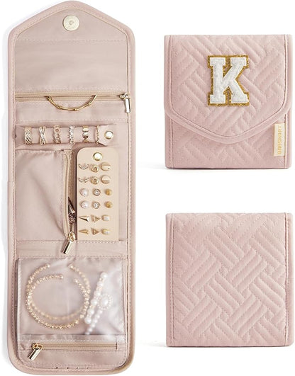 BAGSMART Travel Jewelry Organizer Case K Initial Foldable Jewelry Roll for Journey Rings, Necklaces, Earrings, Bracelets,Mini,Letter K,Soft Pink