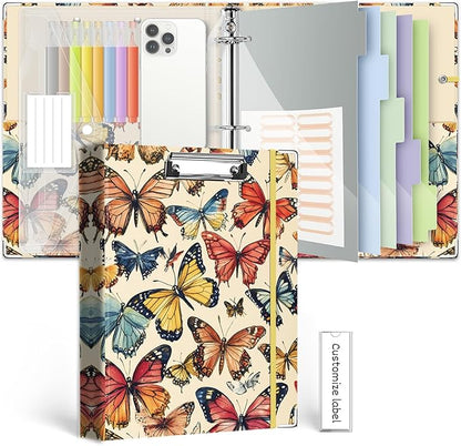3 Ring Binder 1 Inch,BVSSX Three Ring Binders Organizer with Clipboard, 5-Tabs Pockets Dividers, Plastic Folder, 18 Divider Stikers,Pen Loop (Butterfly, Letter Size)