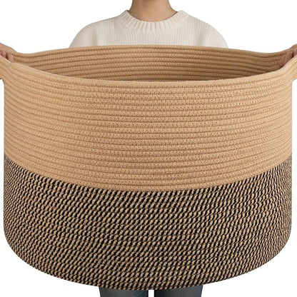OIAHOMY 90L XXXLarge Blanket Basket for Living Room, 21.7" x 13.8" Woven Cotton Rope Laundry Basket for Organizing Pillows, Decorative Stuffed Animal Toy Storage for Nursery, Jute and Black
