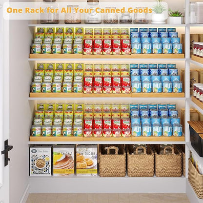 4-Tier Extra-Long Expandable Can Rack, Adjustable Bamboo Organizer for Pantry, Can Storage Holder for Pantry Shelf & Countertop, Large Capacity Holds 60 Cans (3.75oz), Patent Pending