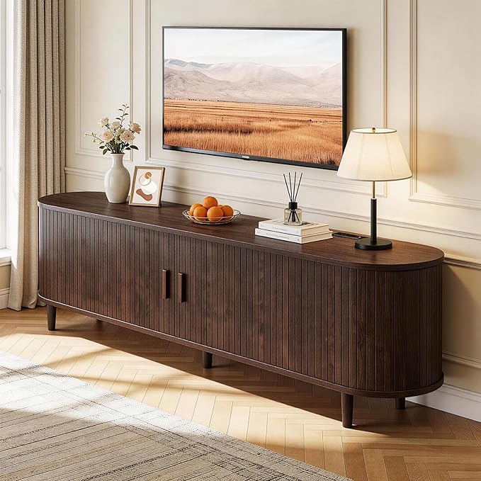 58" Mid Century Modern TV Stand with Power Outlet, Fluted Entertainment Center with Storage and Adjustable Shelves, Wood TV Console with Sliding Doors for Living Room, Walnut