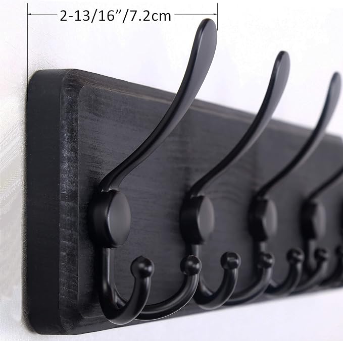 WEBI Coat Rack Wall Mount,Coat Hooks Wall Mounted Rustic,16" Hole to Hole,Large Coat Hanger Wall,Wood Hook Rack,5 Triple Hooks for Hanging Coats,Jacket,Clothes,Farmhouse,Black