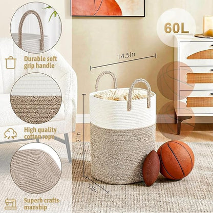 Laundry Basket,Woven Cotton Rope Laundry Hamper,Versatile Storage for Dirty Clothes,Baby Toys,and Blankets in Bathroom, Nursery,and Living Room (Brown, 60L)